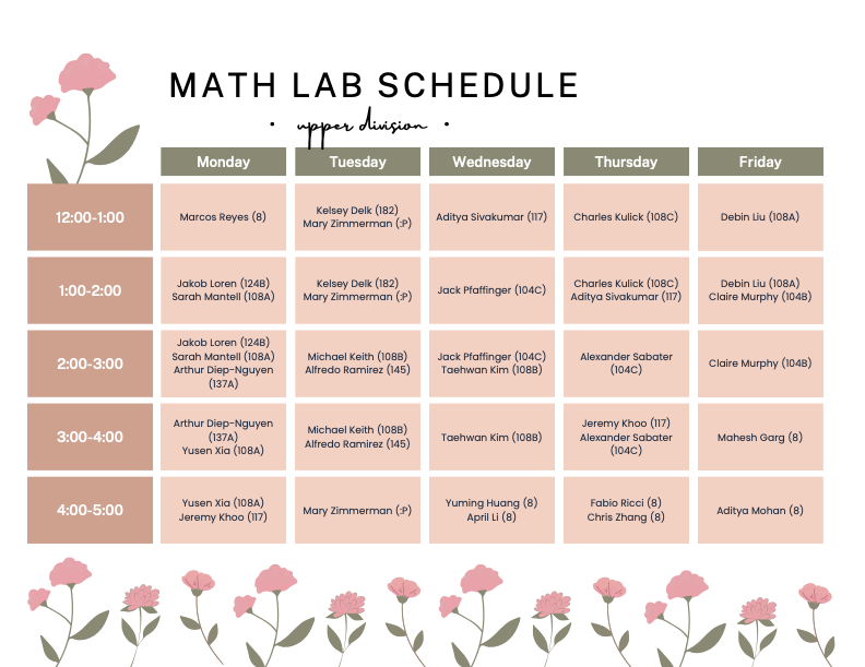 S26 UD Math Lab Schedule